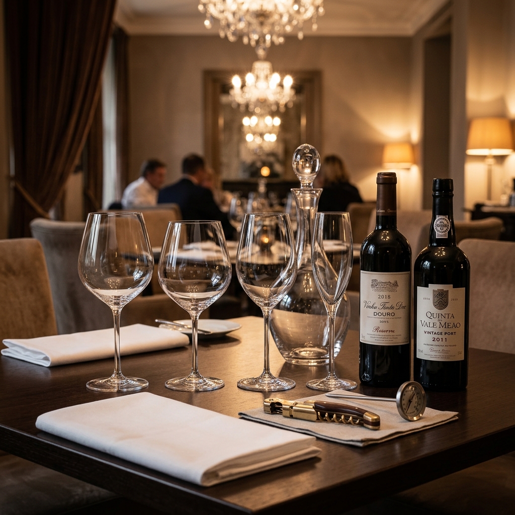 Mesa de restaurante com taças e garrafas de vinho preparada para curso de sommelier