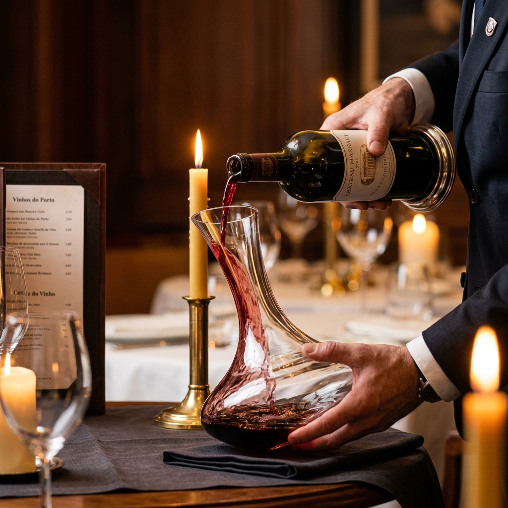 Sommelier decantando vinho tinto em restaurante durante curso profissional de sommelier