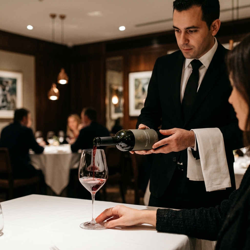 Sommelier profissional servindo vinho tinto para cliente em restaurante