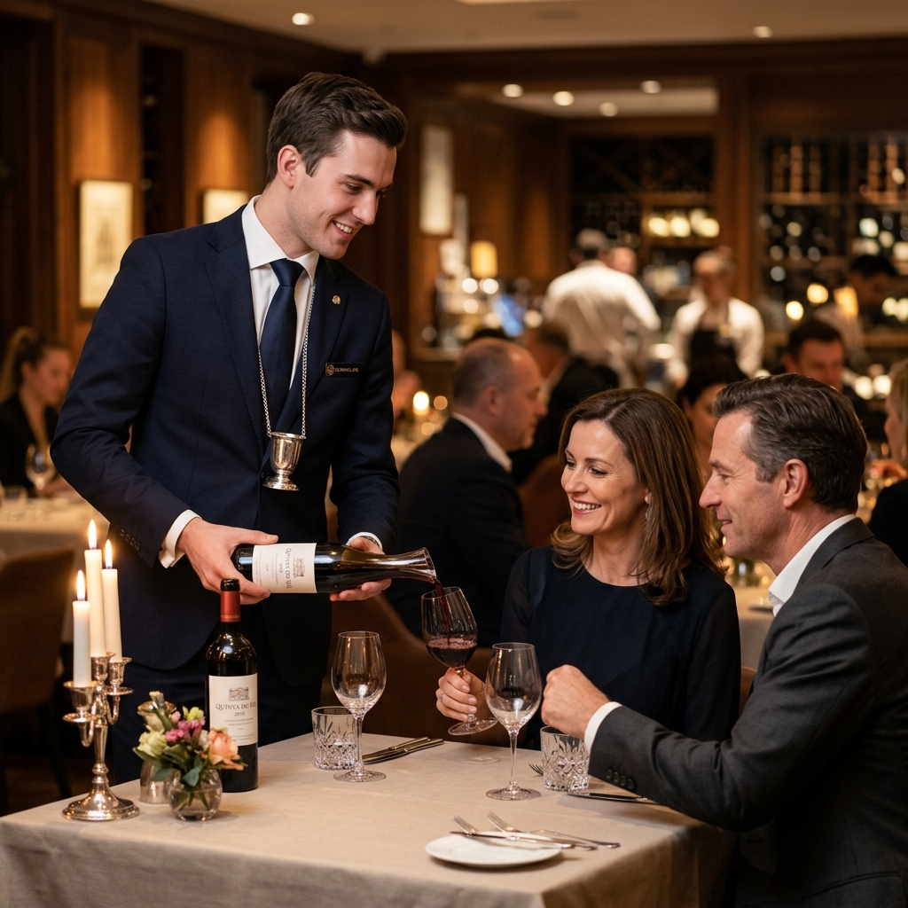 Sommelier apresentando vinho a casal em jantar, formação profissional de sommelier